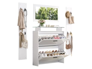 Meuble d'entrée avec miroir et 8 crochets, meuble à chaussures 4 niveaux pour couloir, blanc, 89,5 × 23 × 96,5 cm