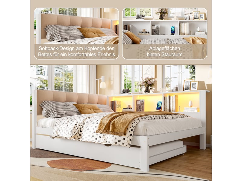  Lit banquette 140x200 lit gigogne en bois de pin blanc avec port usb et led  - Conforama E