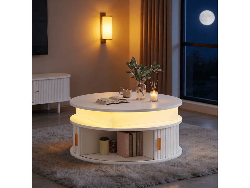  Table basse relevable ronde avec 2 portes à enroulement, led, rangement, pour salon, en mdf, blanche, 75 × 75 × 52 cm  - Conforama C