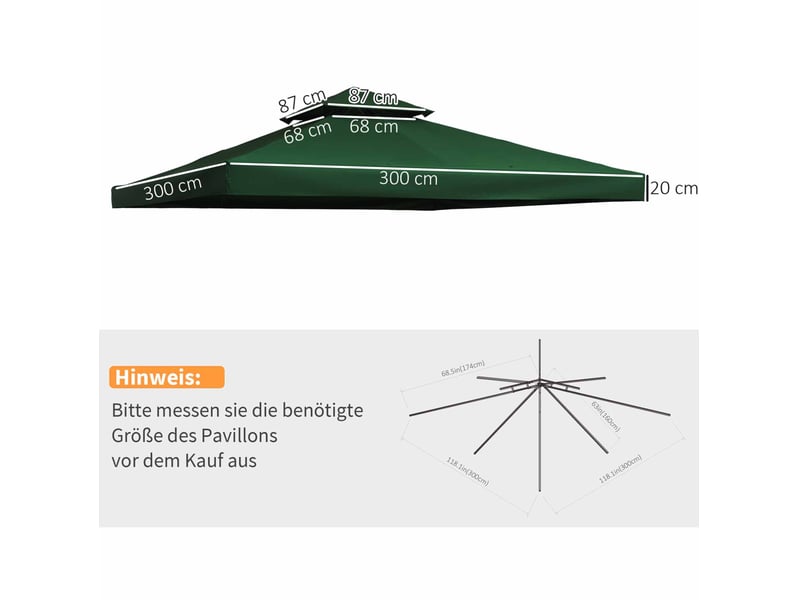 Toit de remplacement double 300x300 cm – vert – polyester déperlant avec 8 attaches autoagrippantes - Conforama C