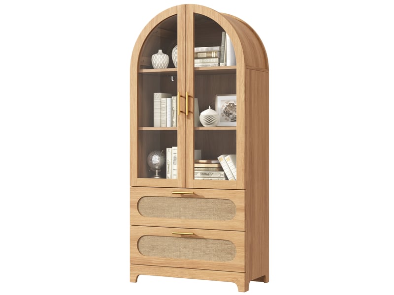  Vitrine haute 80x40x175 cm, bibliothèque avec portes vitrées, 2 tiroirs et étagères réglables, arches style montmartre, naturel  - Conforama A