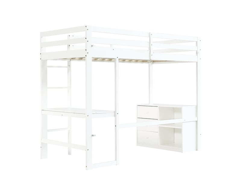  Lit mezzanine enfant avec bureau, caisson à tiroirs et étagère de rangement, échelle à quatre marches, pin et mdf, blanc, 90 x 200 cm  - Conforama E