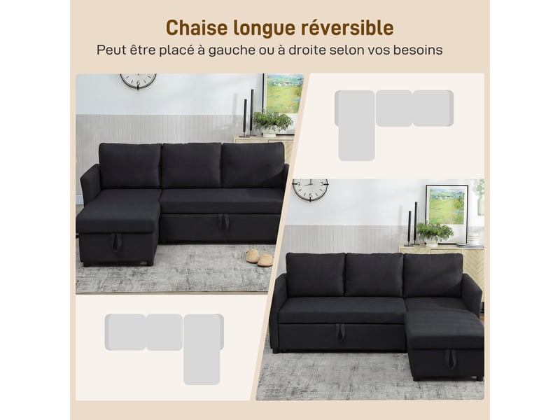 Canapé d'angle convertible, canapé-lit 3 places 192 cm avec méridienne réversible, gris anthracite, rangement caché - Conforama E