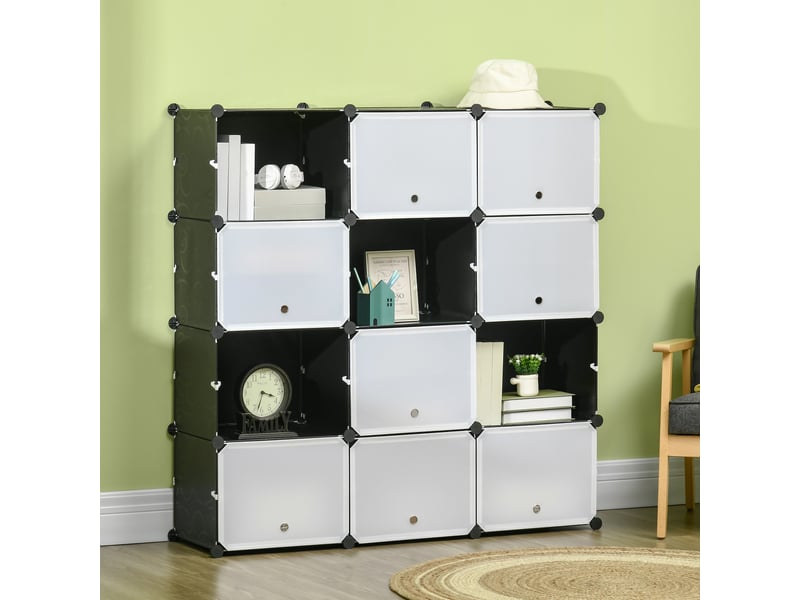  Système d'étagères modulaires, étagère à emboîter, composée de 12 cubes de 125 x 32 x 125 cm, plastique et acier noir.  - Conforama D