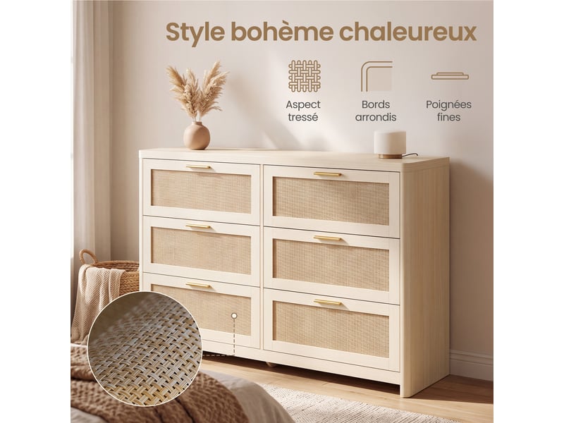  Commode de chambre 6 tiroirs, meuble de rangement bohème, 120 x 40 x 80 cm, beige  - Conforama C