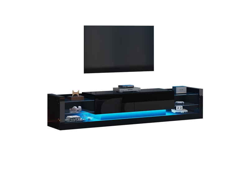 Meuble tv noir brillant avec éclairage led intégré 181 cm - pour tv jusqu'à 80 pouces - design moderne et élégant  - Conforama R