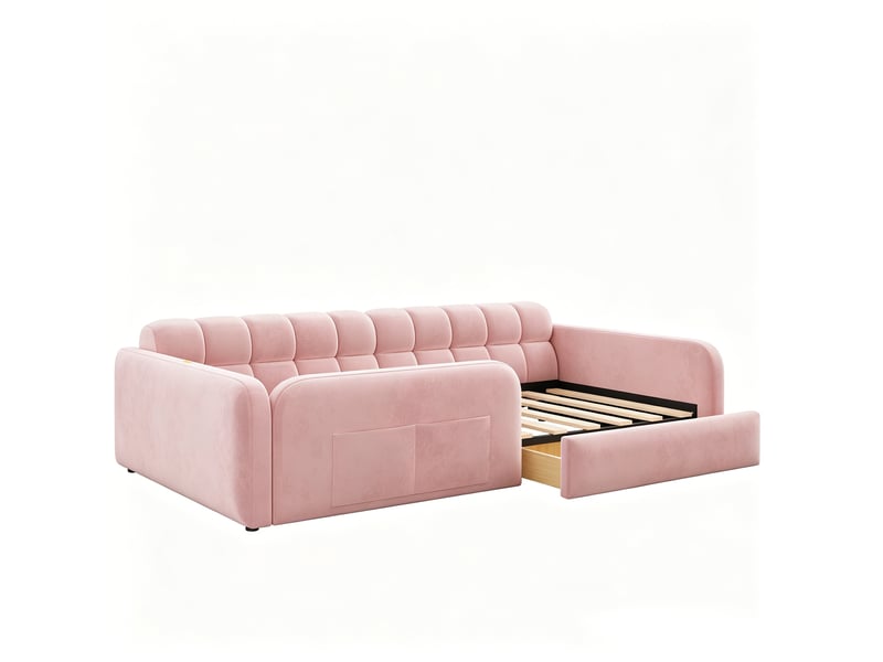  Lit enfant 90x200 cm rose en velours avec tête de lit sofa, veilleuse, usb-c, tiroir et barrières  - Conforama E