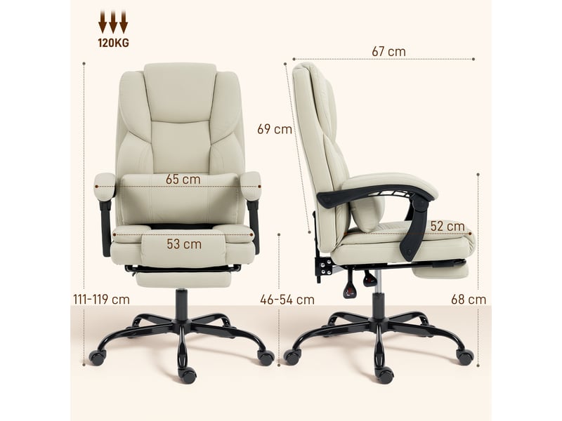  Chaise bureau ergonomique, fauteuil de bureau avec dossier inclinable, 65x67x111-119cm, hauteur réglable, beige  - Conforama C