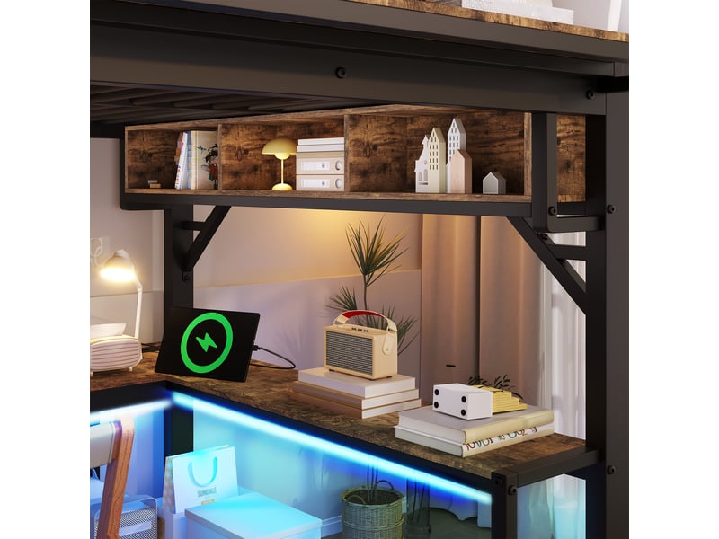  Lit mezzanine 140 × 200 cm, avec bureau, étagères de rangement, panneau perforé, prise de courant et ruban led, adapté aux enfants et adolescents, noir et marron  - Conforama C