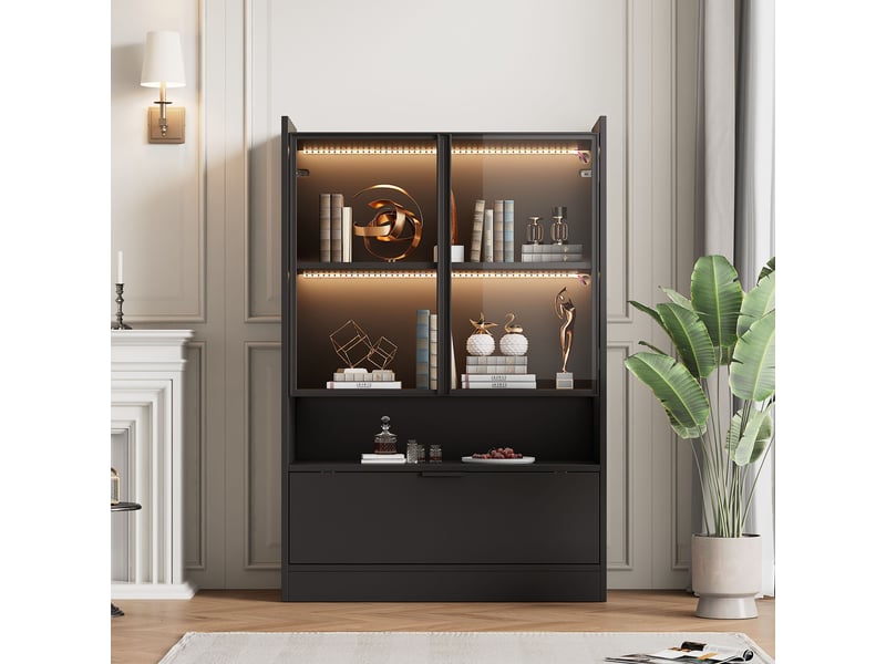  Vitrine 80x35x120 cm en panneau de particules noir mat, led multicolore via app, portes en verre trempé et porte abattante - noir  - Conforama B