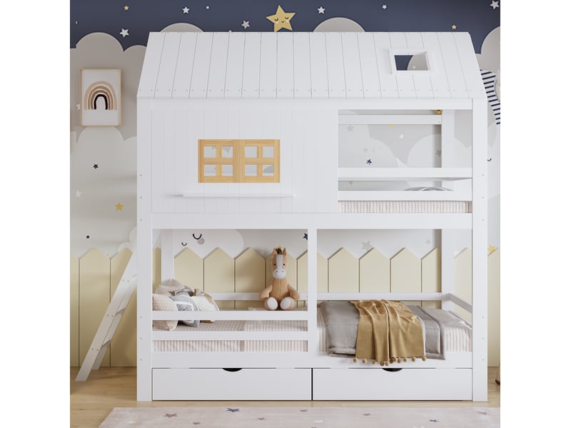  Lit superposé 90x200 cm avec 2 tiroirs, fenêtres et toit en bois mdf contreplaqué blanc et naturel  - Conforama C