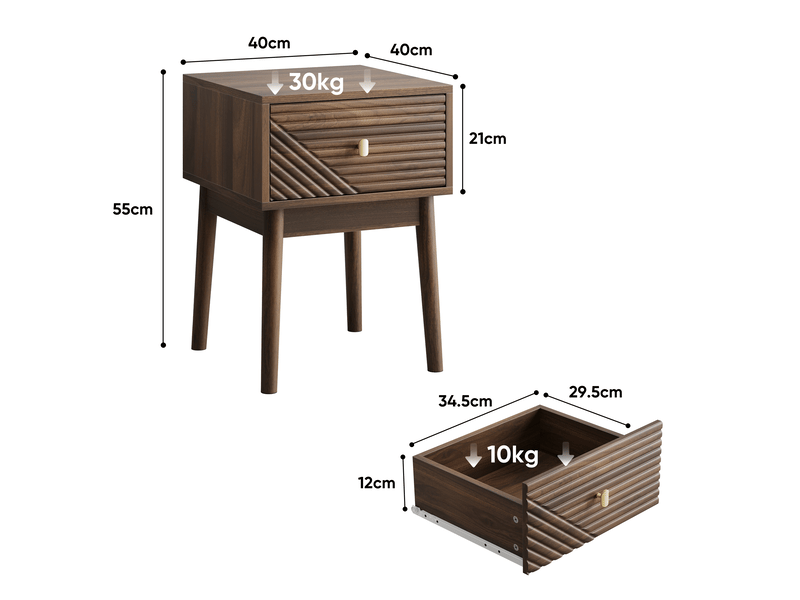 Table de chevet mid-century moderne, noyer, poignées métal, 2 tiroirs, lot de 2, 40 cm - Conforama C
