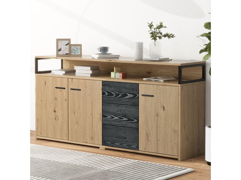  Buffet avec 3 portes, 3 tiroirs, niches ouvertes et étagères réglables, en panneau de particules noir et brun  - Conforama C