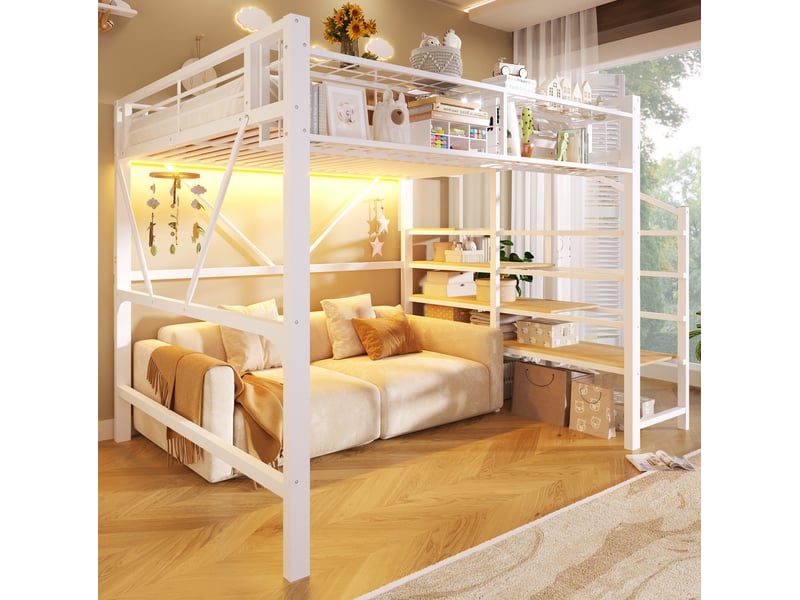  Lit mezzanine modenvie 140 x 200 cm en métal et mdf avec escalier de rangement, espace de rangement ouvert, led multicolore, blanc  - Conforama D