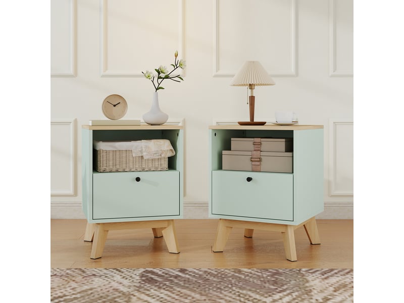  Lot de 2 tables de chevet, tables de nuit avec tiroir et compartiment ouvert, chêne et vert clair, 40 x 40 x 55 cm  - Conforama D