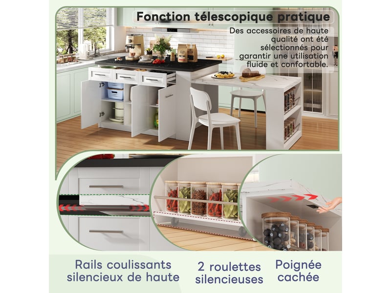 Table bar pivotante 360° haute meuble bar comptoir rangement îlot cuisine 3 portes 3 tiroirs et étagères cloisons réglables, blanc - Conforama E