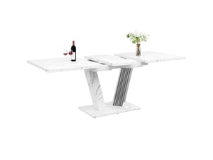 Table à manger rectangulaire extensible 120-160 x 80 cm, plateau mdf effet marbre blanc, pieds forme papillon réglables, design moderne