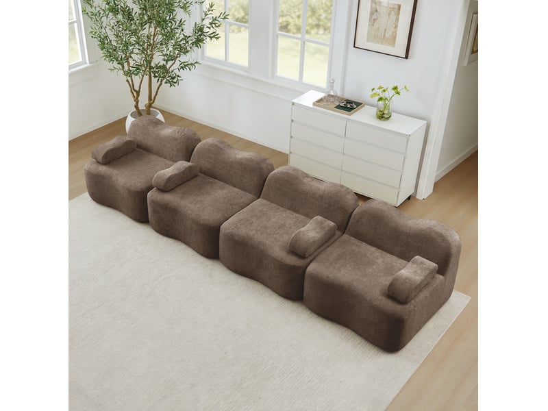  Canapé droit modulaire 4 places en velours marron, forme ondulée et assise profonde pour votre salon  - Conforama E