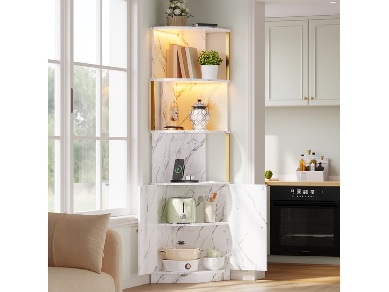  Meuble d'angle avec portes et niches ouvertes, rangement vertical, style marbre, pour cuisine et salon, mdf blanc, 38 × 38 × 180 cm  - Conforama B