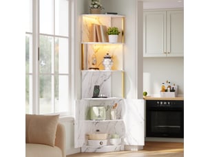 Meuble d'angle avec portes et niches ouvertes, rangement vertical, style marbre, pour cuisine et salon, mdf blanc, 38 × 38 × 180 cm