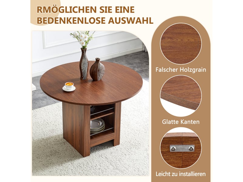  Table à manger ronde ø100 cm avec rangements ouverts, plateau mdf effet noyer, structure effet bois, pour 4 à 6 personnes, design moderne  - Conforama D
