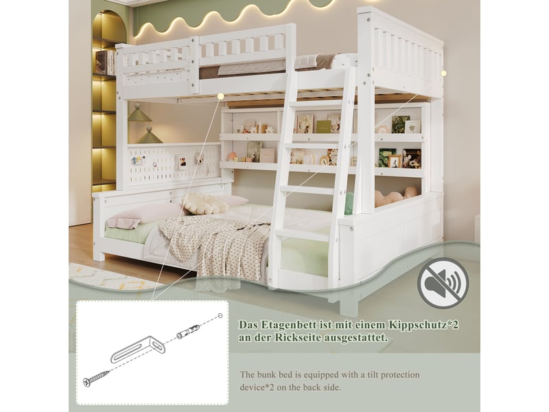  Lit superposé 120x200-140x200 cm en bois, séparable en 2 lits simples, lit familial avec échelle, étagères doubles et panneau perforé - blanc  - Conforama E