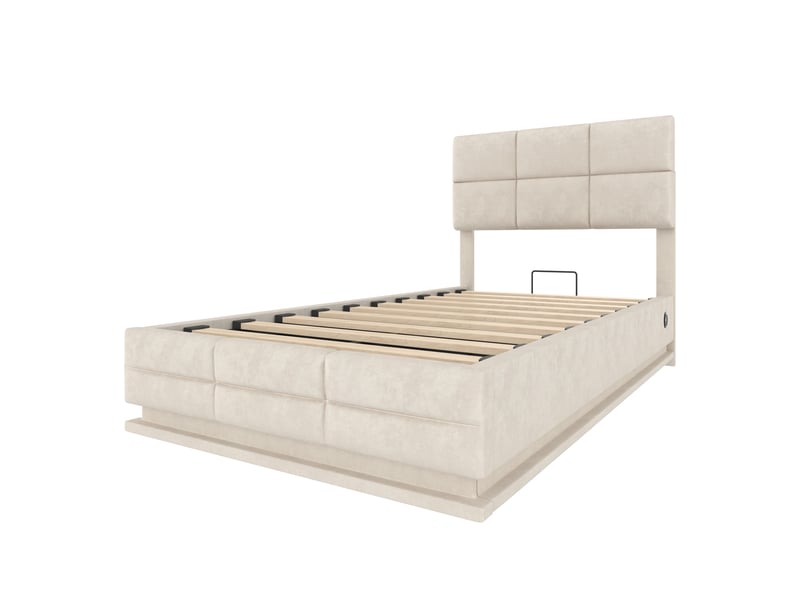  Lit 90x200 cm coffre avec tête réglable et led, velours, beige, sans matelas  - Conforama W