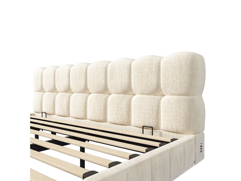  Lit coffre bubble en chenille beige 160x200 cm avec led, usb et type-c Fay Lum - Conforama R