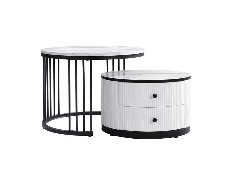  Ensemble de 2 tables basses gigognes blanches, effet marbre brillant, 2 tiroirs, 60×60×45,5 cm et 50×50×32 cm, charge 30 kg  - Conforama A