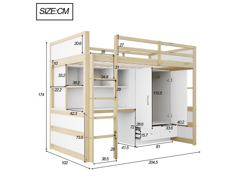 Lit mezzanine enfant 90x200 cm blanc et bois naturel avec bureau - Conforama C