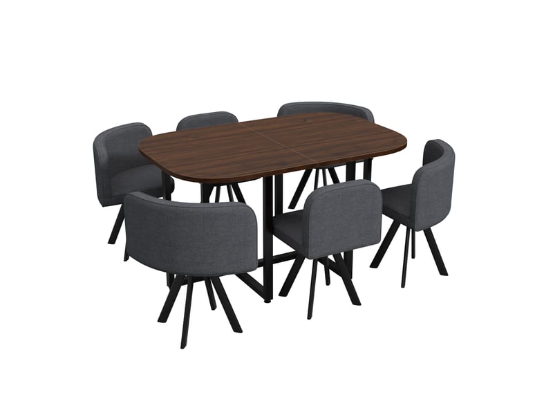  Ensemble repas 6 personnes avec table 140 x 90 cm effet noyer et 6 chaises grises en tissu effet lin, pieds métal noir DJ-N634D0027G-XL - Conforama D