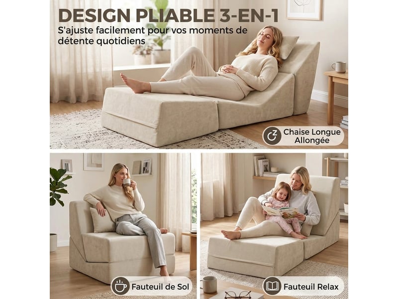  Canapé-lit pliant 3 en 1, chauffeuse 1 place convertible en chenille, coussin et dossier, compressé sans montage, beige  - Conforama D
