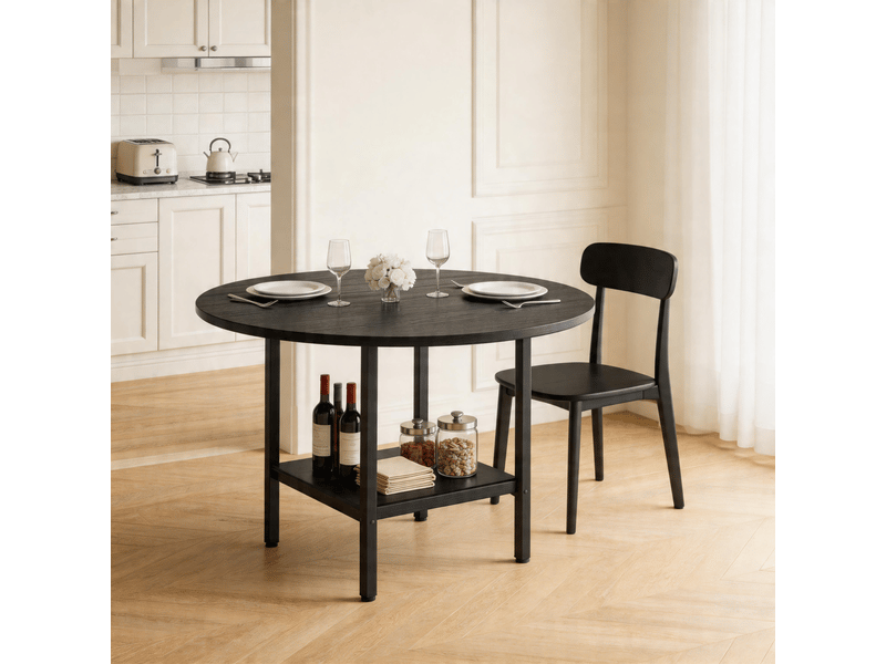  Table basse - table de salle à manger ronde moderne, finition bois noir et structure en métal noir avec étagère de rangement  - Conforama R