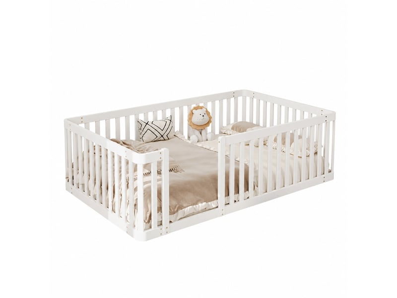  Lit enfant 90x200 avec barrière, cadre en pin massif, blanc  - Conforama A
