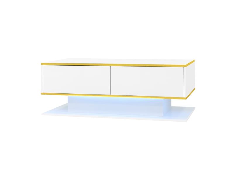 Table basse moderne à led avec finition brillante, 100 cm de long, bordure dorée, 3 tiroirs et bande lumineuse led usb (adaptateurbatterie externe requis) - Conforama E