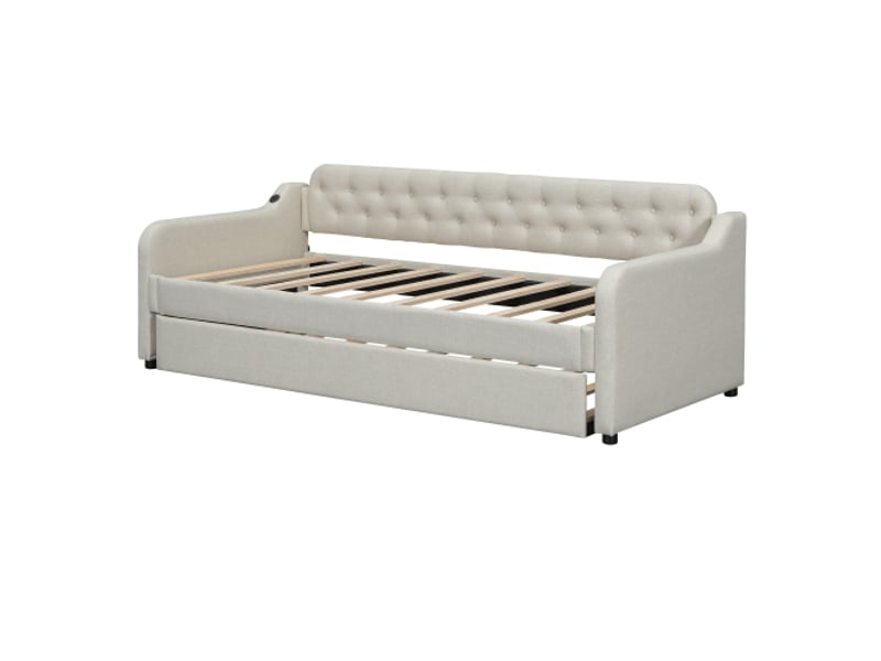  Lit gigogne 90x200 cm, avec lit escamotable et port usb, en tissu, beige, sans matelas  - Conforama E