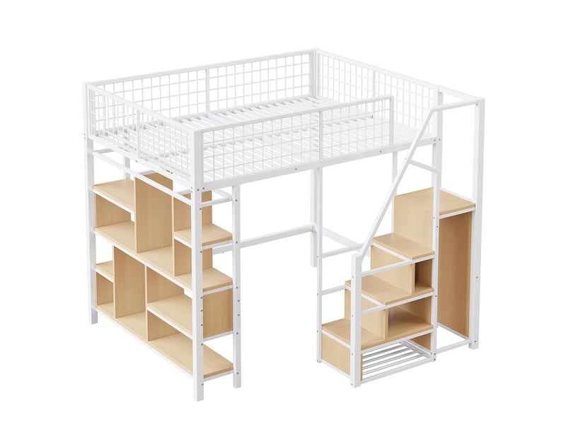  Lit mezzanine 140x200 cm - escalier avec rangements - lit double - avec étagères - barrières de sécurité - lit ado - blanc  - Conforama A