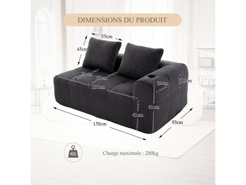  Canapé droit 2 places en velours côtelé gris foncé 158x93x61 cm avec poches latérales et porte-gobelets 158x93x61cm - Conforama C