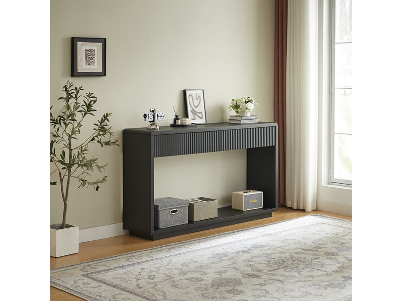  Console d'entrée moderne d'une largeur de 150 cm, deux grands tiroirs de rangement et un compartiment de rangement inférieur ouvert, adapté au couloir et au salon (noir charbon) DE-CBN146B03 - Conforama B