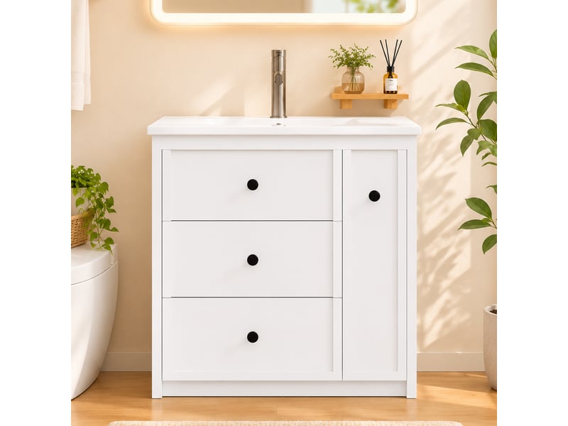  Meuble vasque salle de bain blanc 76 cm avec lavabo céramique intégré, tiroir latéral silencieux et rangement  - Conforama B