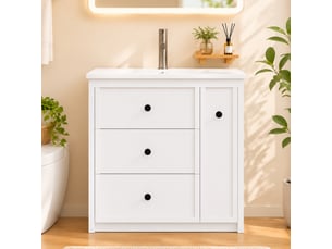 Meuble vasque salle de bain blanc 76 cm avec lavabo céramique intégré, tiroir latéral silencieux et rangement