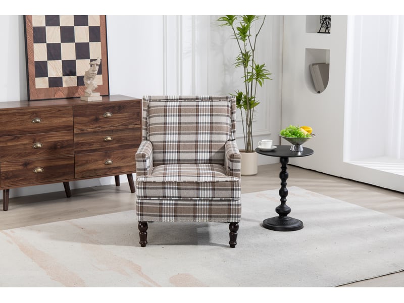  Fauteuil d'accent vintage rembourré avec dossier capitonné et pieds tournés en coton-lin marron et blanc  - Conforama D