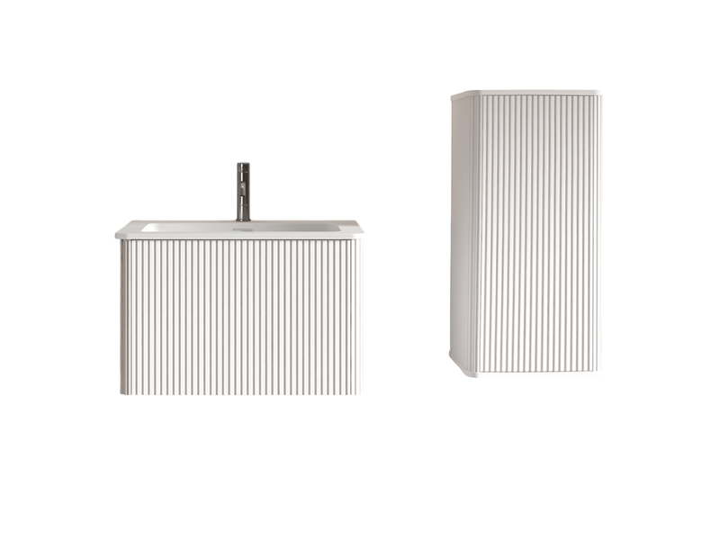  Meuble vasque suspendu avec colonne de rangement - lpospi - portes rainurées, mdf et résine minérale - blanc  - Conforama E