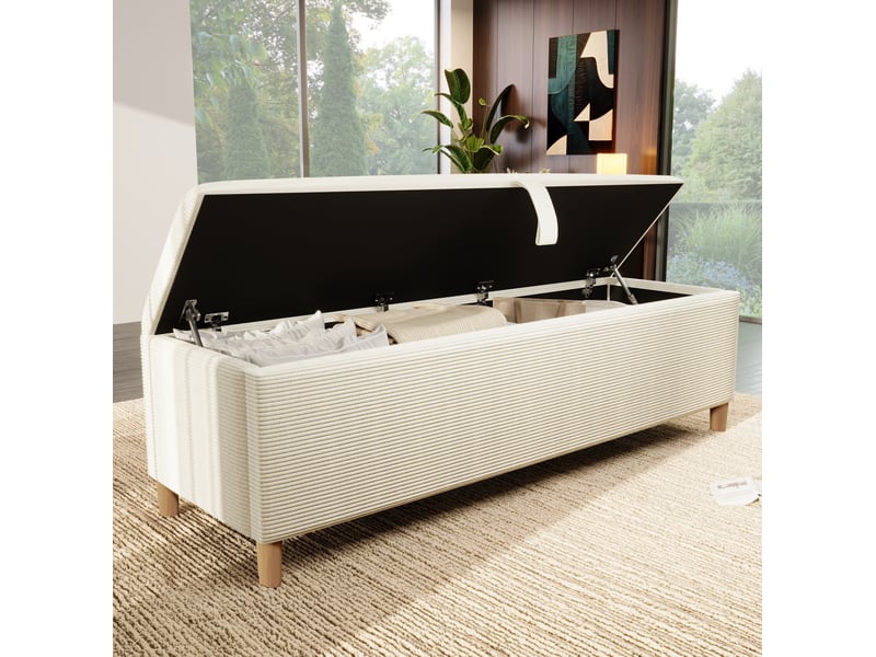  Banc coffre tcqpz 175 x 38 x 46 cm rangement hydraulique en velours côtelé beige  - Conforama D