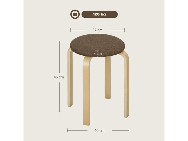  Ensemble de 4 tabourets ronds empilables en bois avec assise rembourrée, couleur marron, pour cuisine, salle à manger ou chambre.  - Conforama E