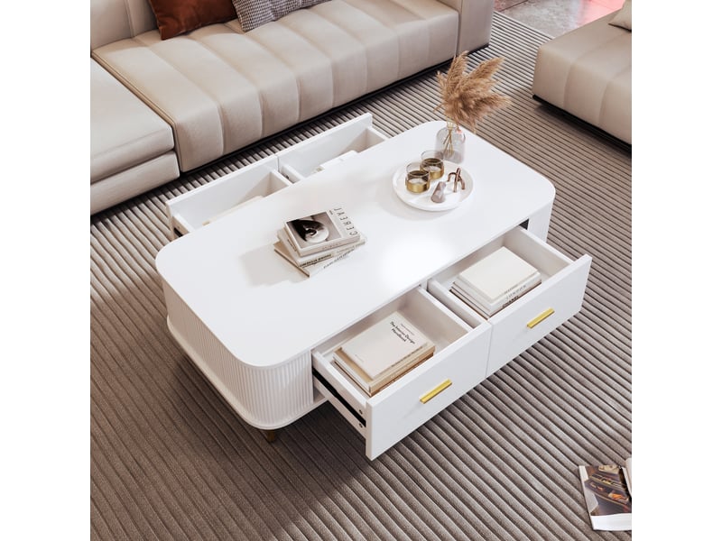 Table basse avec 4 tiroirs, coins arrondis et côtés ondulés, en mdf, blanc et or, 105 × 51 × 38 cm - uvrion  - Conforama B