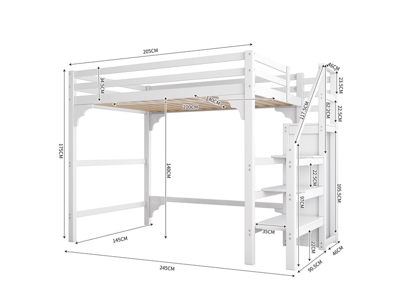  Lit mezzanine blanc 140x200 cm, escalier, armoire et rangements intégrés  - Conforama C