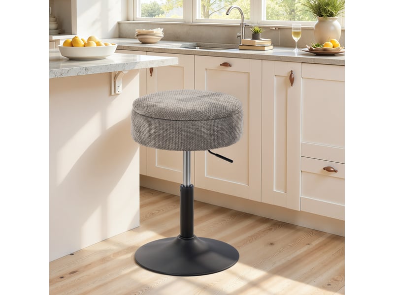  Tabouret de bar avec rangement, réglable en hauteur, tabouret de cuisine rond pivotant, revêtu de chenille grise  - Conforama D