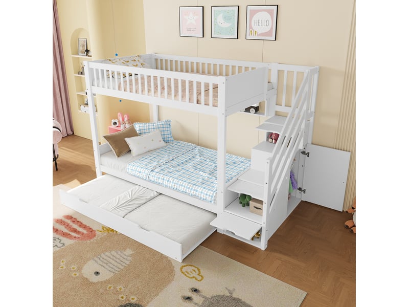  Lit superposé enfant 90x200 cm avec lit gigogne, rangement et armoire blanc  - Conforama B