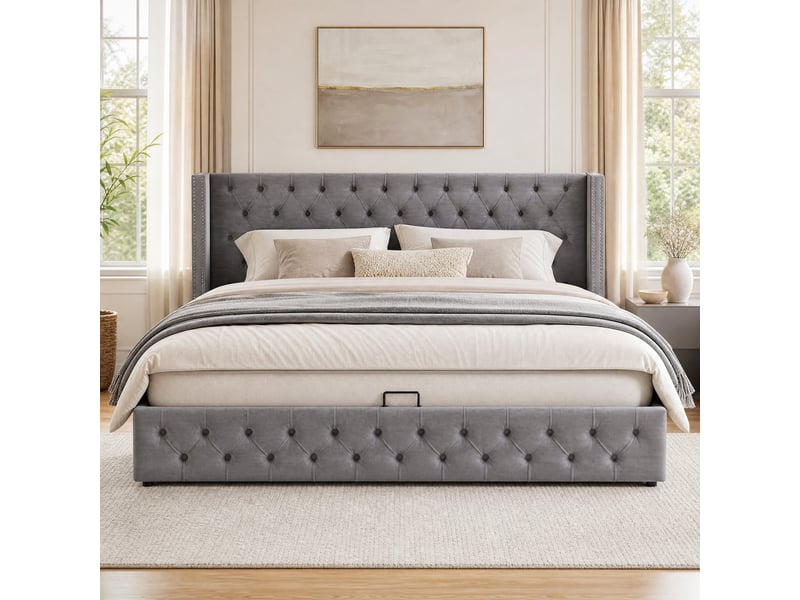  Lit coffre tcqpz 140 x 190 cm capitonné en flanelle gris avec rangement hydraulique  - Conforama E